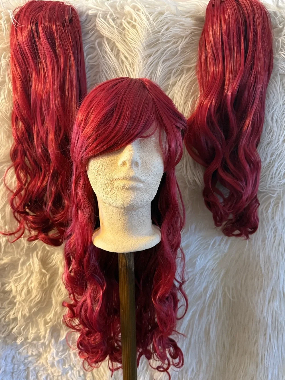Deep Red Long Wavy Women’s Wig with Side Bangs and clip ons